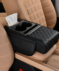Leather Car Center Console Cover 5 In 1 Multifunctional Armrest Cushion With Cup Holders Phone Slot Tissue Box And Side Pockets Universal Fit Waterproof Interior Accessory To Level Up Your Ride And Keep It Clean Black on car seats.