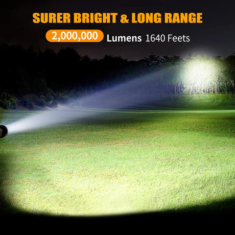 Beast Mode 2,000,000 Lumens Rechargeable Spotlight with Solar Panel illuminating a field at night