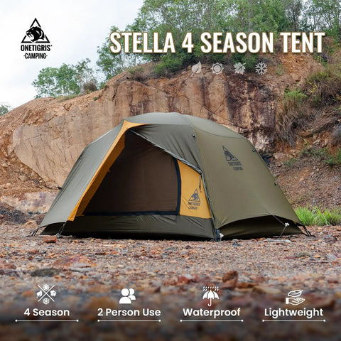 Stella 4 Season Camping Tent For 2 People Ultra Lightweight Backpacking Shelter Waterproof 3000mm in outdoor rocky terrain