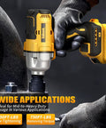 Grease Monkey Ready Brushless Cordless Impact Wrench 1/2 Inch High Torque 740 Ft Lbs in use on a bolt with LED light.