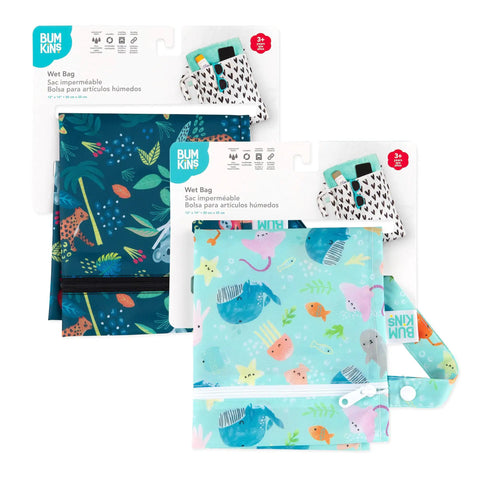 Super Handy Waterproof Wet Bag Two Pack For Travel And Beach, ocean and jungle designs, separate wet items, eco-friendly bags shown