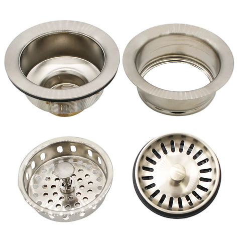 Combo Pack Must Have Post Style Large Kitchen Sink Basket Strainer And Waste Disposal Flange With Basket Strainer For Three And A Half Inch Openings Solid Brass Basket Strainer With Stainless Steel Flange Fits Most Disposals, showing top view of components.