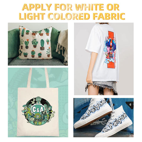 Premium Sublimation Paper Pack 8.5x11 Inches 105G 150 Sheets results on various white or light-colored fabrics.
