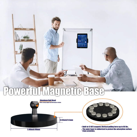 Magnetic Tablet Holder Mount For Fridge Cabinet Whiteboard Gym And More Fits 4.7 To 12.9 Inch Phones And Tablets 360 Degree Swivel demo