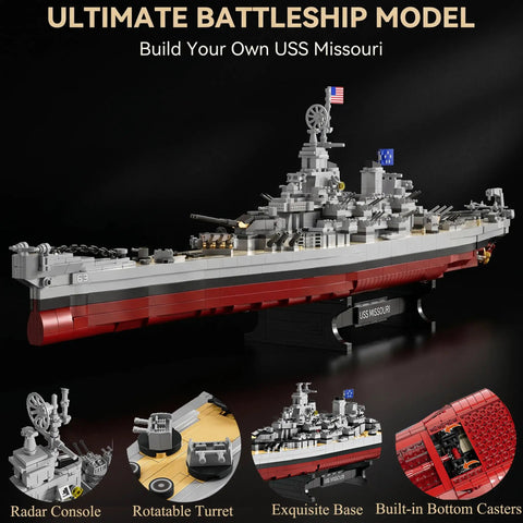 Epic World War II Battleship Building Blocks Kit 2228 Pieces, USS Missouri model with radar console and rotatable turret