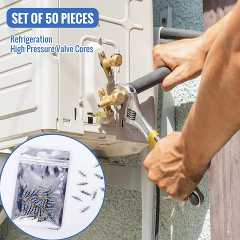 Installation of HVAC unit with High Pressure Valve Core For R410 R32 R22 With Teflon Seal HVAC Replacement Part, pack of 50 shown.