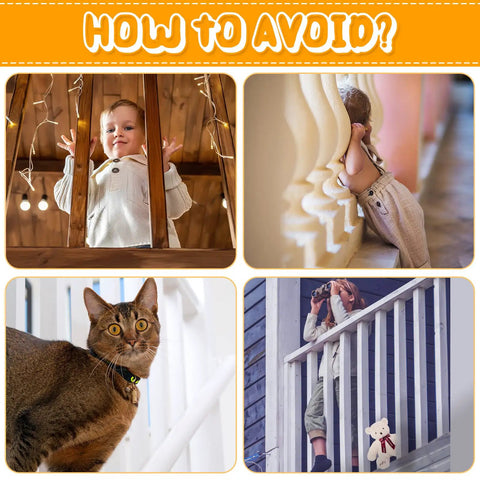 Children and pets near railings illustrating the need for Two Pack Brown Baby Banister Guard Net For Stairs And Balconies.