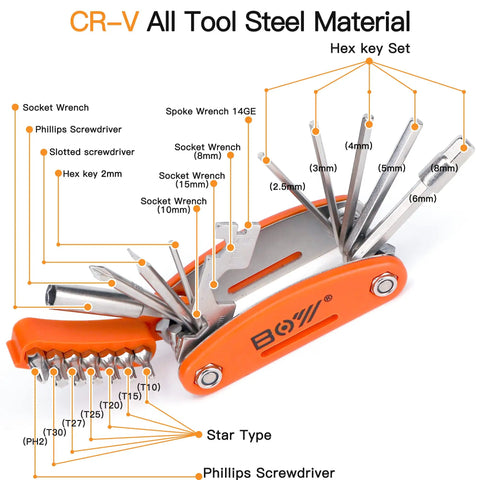 All In One Bike Tool Kit For Cyclists, 20 In 1 Multitool With 10 In 1 Bone Wrench shown with hex keys and socket wrenches
