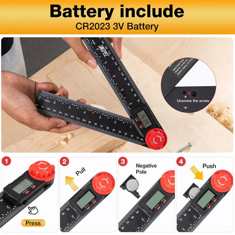 Digital Angle Finder Protractor Ruler 7 Inch 200mm Angle Measuring Tool Easy Grip Design shows battery compartment and measurements.