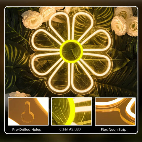 Flower Neon Sign Daisy Window Light LED Warm White on acrylic board with pre-drilled holes, shown with surrounding flowers