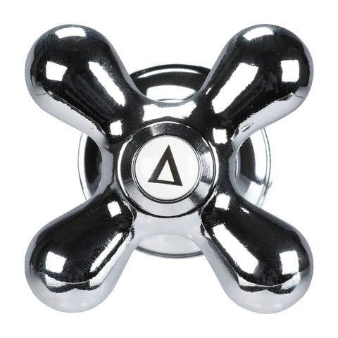 Cross Arm Faucet Handle For Tub Shower And Sink Fits 2 To 3 Handle Faucets Chrome White Porcelain Finish 2 Pack Does Not Fit Delta And Moen Faucets Replacement For Most 2 Or 3 Handle Faucets In Bathrooms And Kitchens. Close-up of chrome cross arm design