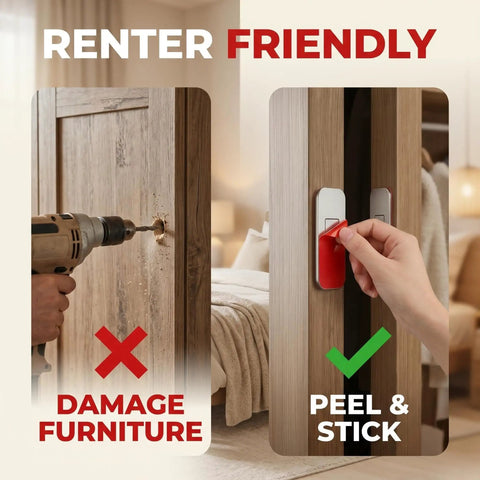 Comparison of drilling damage and peel-and-stick install for 6 Pack No Drill Invisible Cabinet Catches With Rust Proof Stainless Steel Magnetic Latches And Strong Adhesive For Kitchen Bathroom And Closet Drawers Heavy Duty Hold Easy Install No Tools.