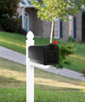 Rust-Proof Plastic Post Mounted Mailbox For Outdoor Use In Black, Medium Curbside Style, USPS Approved, in residential yard