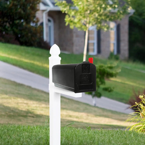 Rust-Proof Plastic Post Mounted Mailbox For Outdoor Use In Black, Medium Curbside Style, USPS Approved, in residential yard