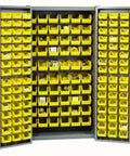 Heavy Duty Steel Storage Bin Cabinet Arrives Loaded With 156 Vibrant Yellow Plastic Bins, full view showing all bins.