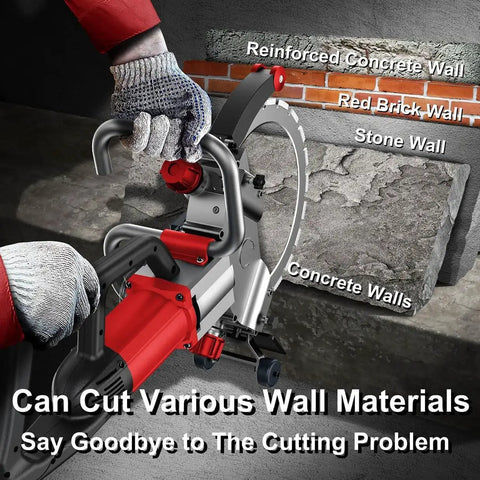 Crush Tough Slab Cutting Jobs This Heavy Duty Electric Ring Saw showcasing reinforced concrete, red brick, and stone walls.