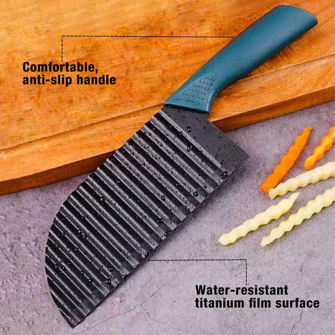 Front view of teal-handled crinkle cutter with ribbed stainless blade for vegetables.