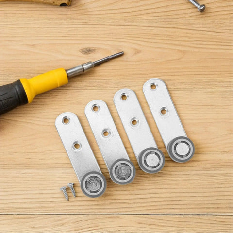 Buttery Smooth 4 Pack Sliding Door Pulley Wheels With Silent Rubber Bottom Rollers and Rock Solid Construction for Easy Side Mount Closet Barn Door Track Hardware Replacement, featuring four metal pulley wheels and a screwdriver.