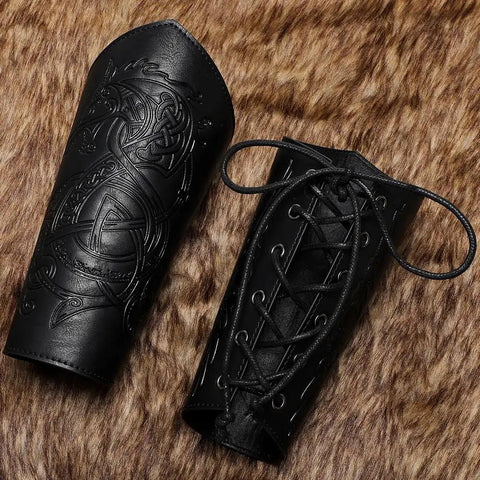 Badass Medieval Faux Leather Bracers Featuring Dragon And Viking Embossing, adjustable and laced arm cuffs on fur background.