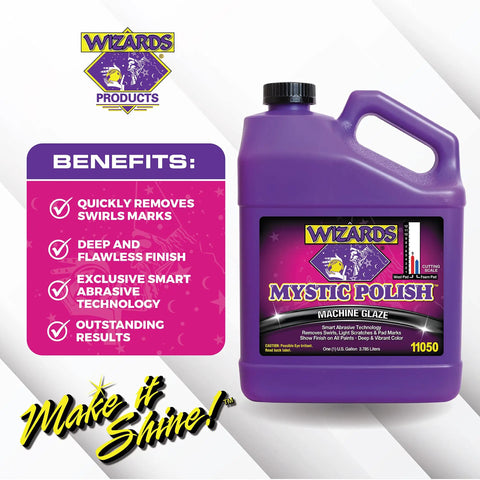 Wizards Mystic Polish Machine Glaze container with benefits list: removes swirls, flawless finish, abrasion technology.