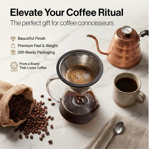 Reusable Stainless Steel Pour Over Coffee Filter For Chemex, Hario V60 And Drippers, fine mesh brew with coffee beans and kettle