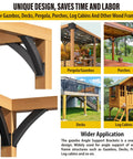 Heavy Duty Arc 45 Degree Angle Support Brackets Built Tough For Gazebos, Decks, Porches, Log Cabins And Other Wood Frame Projects, 4 By 4 Inch, Two Brackets, Outdoor Ready With Rugged Black Powder Coat, installed on wood structures