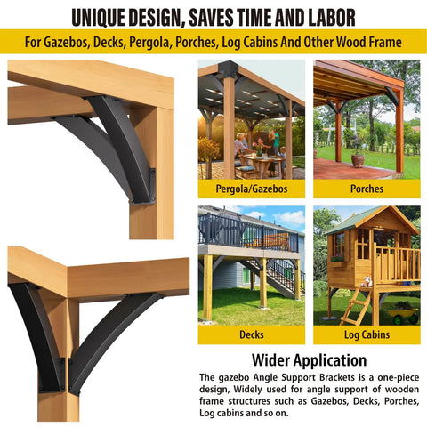 Heavy Duty Arc 45 Degree Angle Support Brackets Built Tough For Gazebos, Decks, Porches, Log Cabins And Other Wood Frame Projects, 4 By 4 Inch, Two Brackets, Outdoor Ready With Rugged Black Powder Coat, installed on wood structures