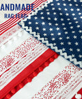 Close-up of a handmade rag American flag banner 4 x 2.3 ft with star and stripe patterns, ideal patriotic decor for porch or wall.