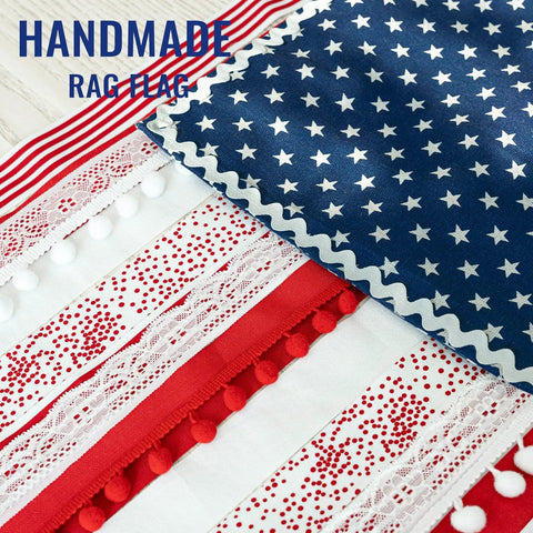 Close-up of a handmade rag American flag banner 4 x 2.3 ft with star and stripe patterns, ideal patriotic decor for porch or wall.