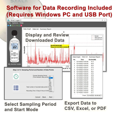 Digital Sound Level Meter And Noise Logger For Work And Home, Measures 30 To 130 dBA With 1.5 dB Accuracy interface with software