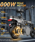 Beast Of A Foldable Electric Bike For Adults, 1000W Peak, 750W Motor, showcasing power and features on a city street