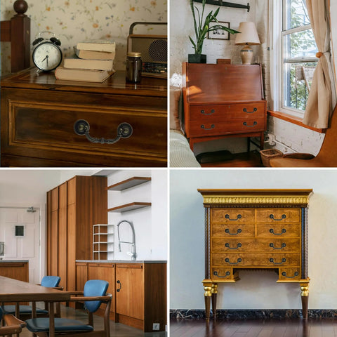 Collage of furniture with Two Pack 3 Inch Bronze Vintage Antique Style Drawer Pull Handles for Cabinets Dressers Cupboards and Wardrobes Zinc Alloy Construction Rust and Corrosion Resistant Easy Install With Included Mounting Screws.
