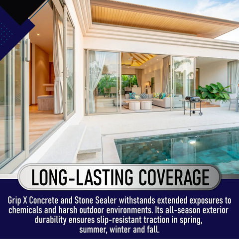 Invisible Non-Slip Coating and Sealant for Indoor Outdoor Tile Concrete Natural Stone Clear Anti-Slip Treatment on a modern pool deck.