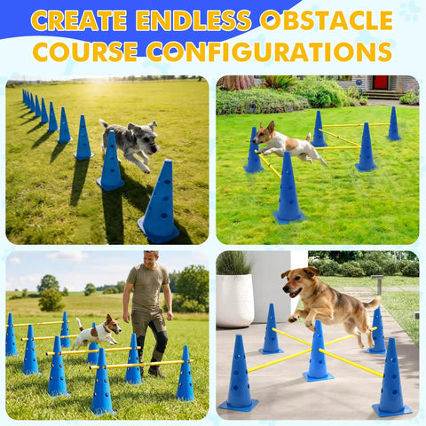 Dogs using Backyard Dog Agility Training Set With Height Adjustable Crossbar, 12 Detachable Poles And 6 Tall Cones outdoors