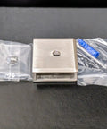 Hassle Free Fixed Panel Glass Clamp For 3/8 Inch Thick Shower Panels No Drilling Needed, brushed nickel hardware with accessories.
