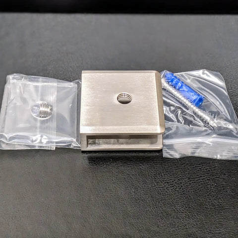 Hassle Free Fixed Panel Glass Clamp For 3/8 Inch Thick Shower Panels No Drilling Needed, brushed nickel hardware with accessories.