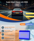 Car with 5K Front Dash Cam With GPS And 5G WiFi Sony STARVIS Sensor HDR Night Vision at night, super capacitor shown for durability.