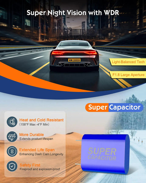 Car with 5K Front Dash Cam With GPS And 5G WiFi Sony STARVIS Sensor HDR Night Vision at night, super capacitor shown for durability.