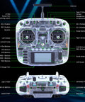 Front and top view of Boxer ELRS 2.4GHz 16 Channel Hall Gimbals Radio Controller With Carrying Case For Fixed Wing Aircraft And RC Helicopters FPV Drones RC Cars And Boats Mode 2 Transparent White with labeled buttons and ports
