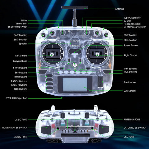 Front and top view of Boxer ELRS 2.4GHz 16 Channel Hall Gimbals Radio Controller With Carrying Case For Fixed Wing Aircraft And RC Helicopters FPV Drones RC Cars And Boats Mode 2 Transparent White with labeled buttons and ports