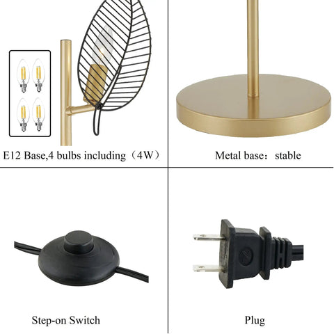 Industrial Gold Floor Lamp With 4 Black Leaf Shades details including bulb base, stable gold metal base, foot switch, and plug.