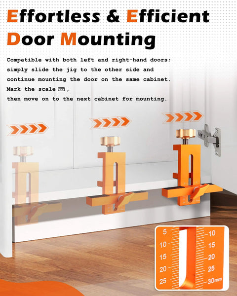 Visual guide showing Door Mounting Jig For Cabinets That Lets You Hold Drill And Secure With One Tool No Extra Hands Needed