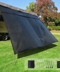 RV Awning Shade Screen With Zipper 8 Ft By 15 Ft 3 In Second Generation Universal Sun Shade Kit set up on a camper