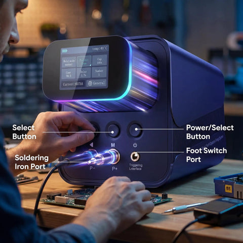 Capacitor Spot Welder For Battery Packs With 10.5kW Farad Welding Power Automatic And Foot Pedal Modes 100 To 240V in use