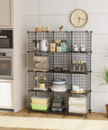 Heavy Duty 12 Cube Storage Organizer Metal Wire Shelf For Closet And Office, Stackable Space Saving Shoe Rack Book Holder, Slick Black Setup For Your Home, showing kitchen items.