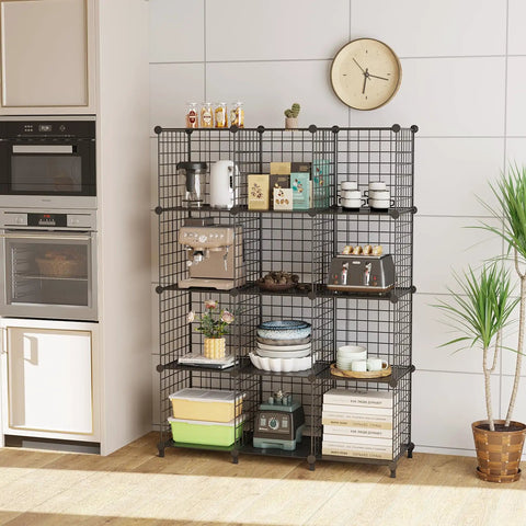Heavy Duty 12 Cube Storage Organizer Metal Wire Shelf For Closet And Office, Stackable Space Saving Shoe Rack Book Holder, Slick Black Setup For Your Home, showing kitchen items.