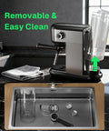 Barista Grade 20 Bar Espresso Machine With Milk Frother for Ground Coffee showing removable 34oz water tank near sink