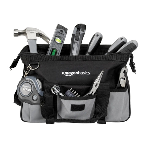 65 Piece Home Repair Tool Kit With Carrying Bag For DIY And Home Improvement, Includes SAE And Metric Hex Keys, 13 Ounce Fiberglass Hammer, 16 Foot Auto Lock Tape Measure, 9 Inch Torpedo Level, And Retractable Utility Knife With 8 Snap Off Blades