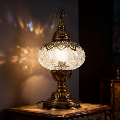Cracked Clear Moroccan Mosaic Table Lamp With Handmade Turkish Glass Light Bulb Included, illuminating a dark room