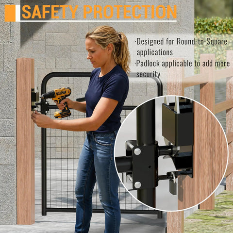 Heavy Duty Two Way Farm Gate Latch Lockable Livestock Latch Anti Rust Steel Ranch Fence Hardware Built Tough As Nails To Keep Your Cattle Locked Down Securely 1 Pack installation with power drill near wooden fence post.